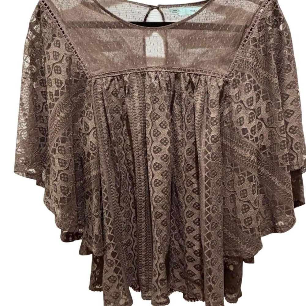 Maurices Brown Sheer Lace Poncho Blouse Mesh Yoke Flutter Sleeve Large